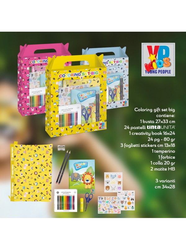 Activity Set per bambini Album da colorare + 24 pastelli + stickers animali  + cancelleria